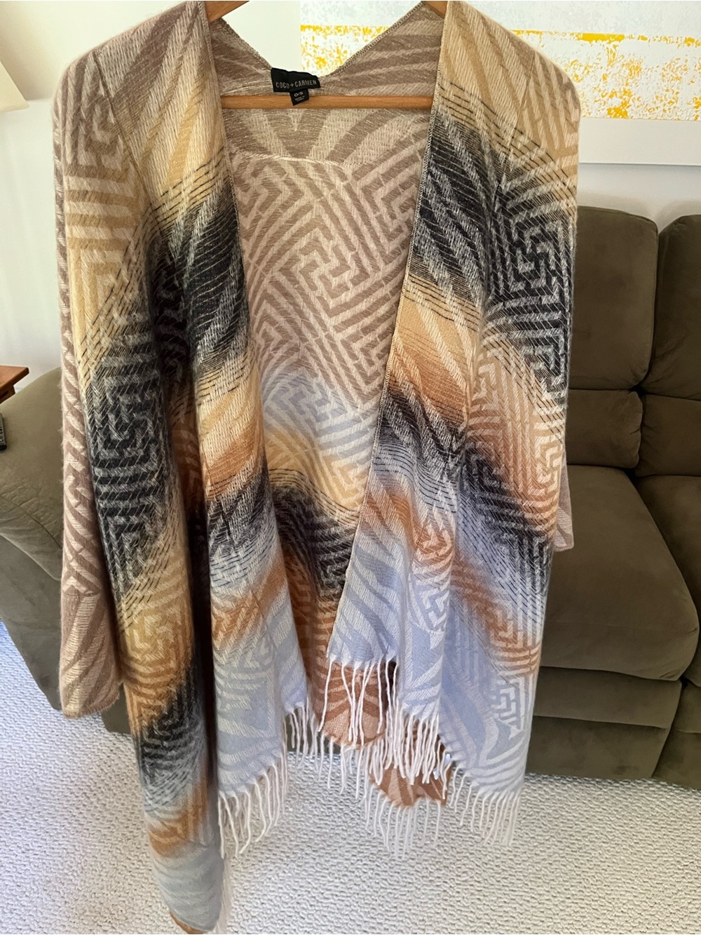 Neutral Geometric Fringe Poncho in Beige, Blue, Brown, Cream
